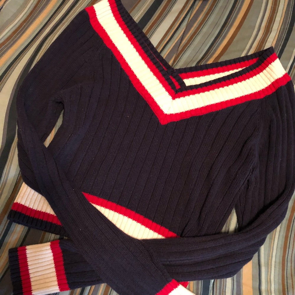 Blue white and red cropped sweater